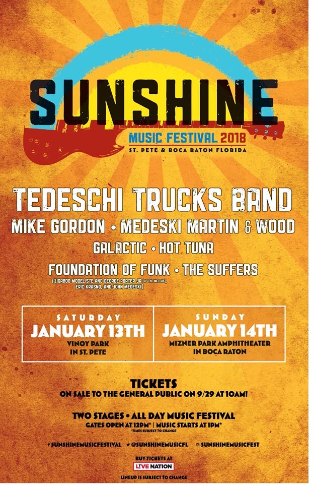 In it’s Sixth Year, The 2018 Sunshine Music Festival. Saturday January 13th – ST. PETE. Sunday, January 14th – BOCA RATON